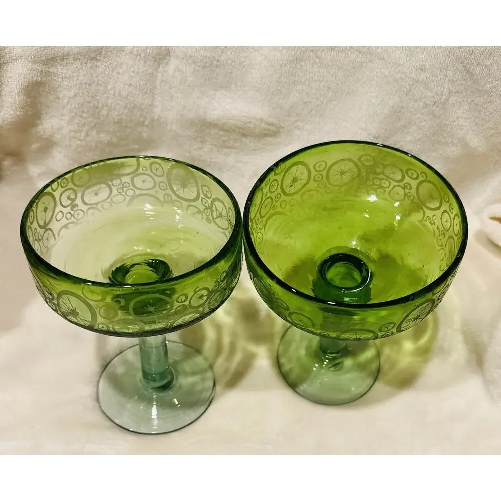 Authentic Mexican Hand Blown Green Margarita Glasses Set of 2 Limes Barware